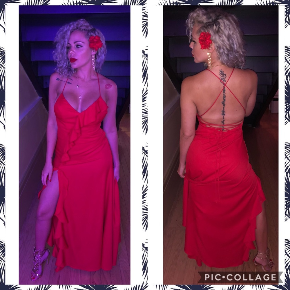 Red Ruffle Slit Lace Up Maxi Dress